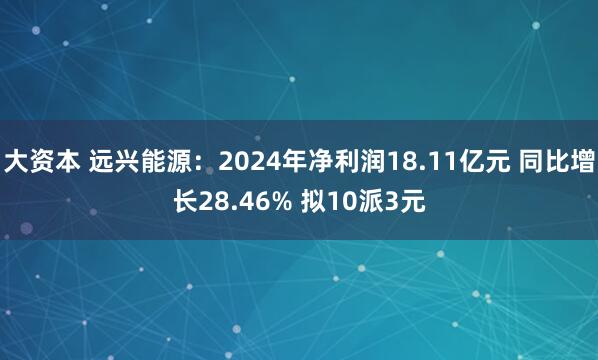 大资本 远兴能源：2024年净利润18.11亿元 同比增长28.46% 拟10派3元